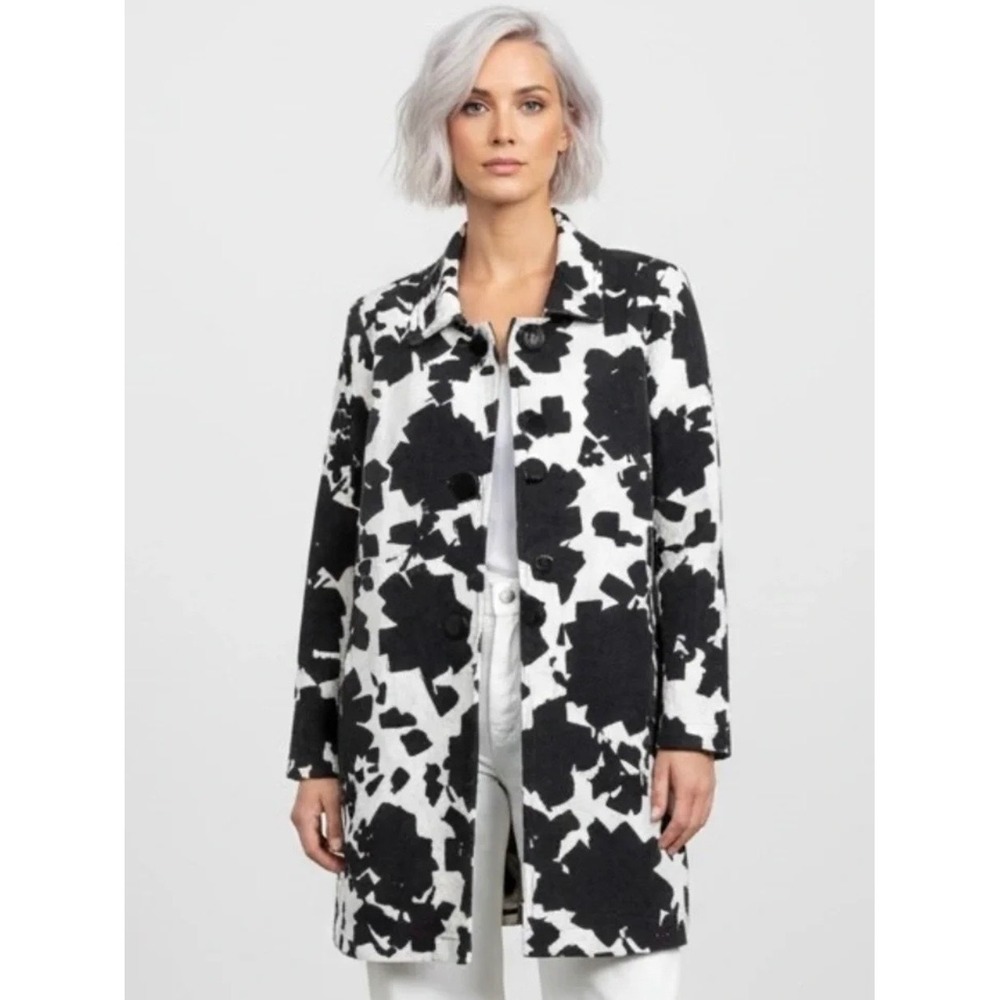 Anne Klein New York Silk Floral Print Button Front Coat Black White Large